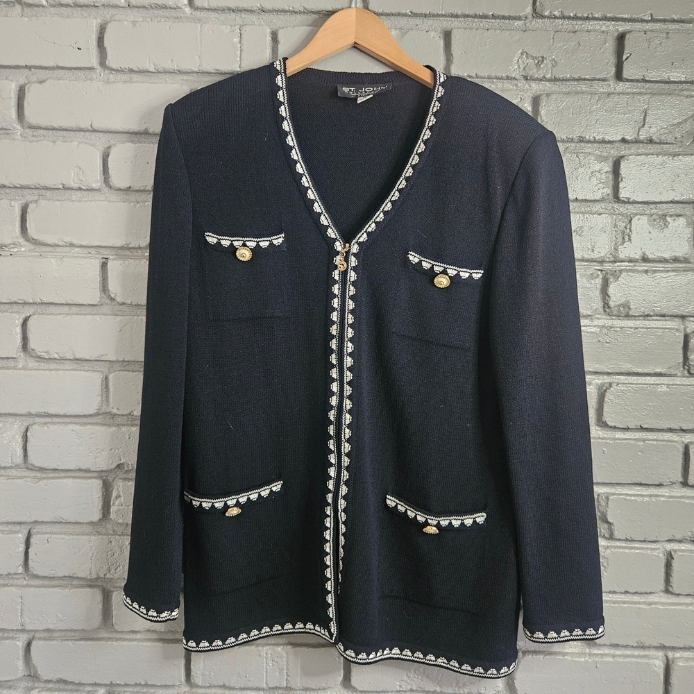 Vtg St John Collection Marie Gray Black Knit Zip Front Cardigan Jacket Size 12